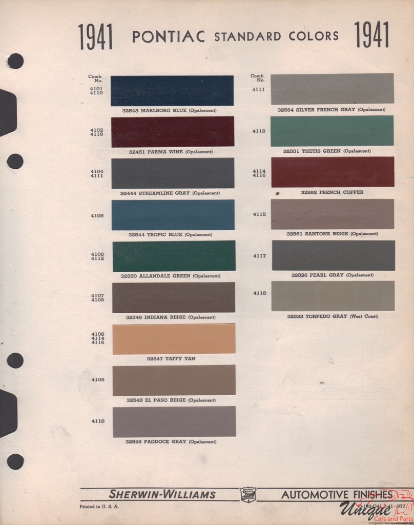 1941 Pontiac Paint Charts Williams 1